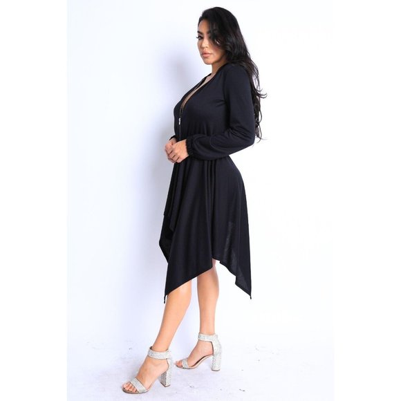 Women's Long Sleeves Hooded Drape Dress Full Zipper Dress Jacket Dress - Picture 10 of 11